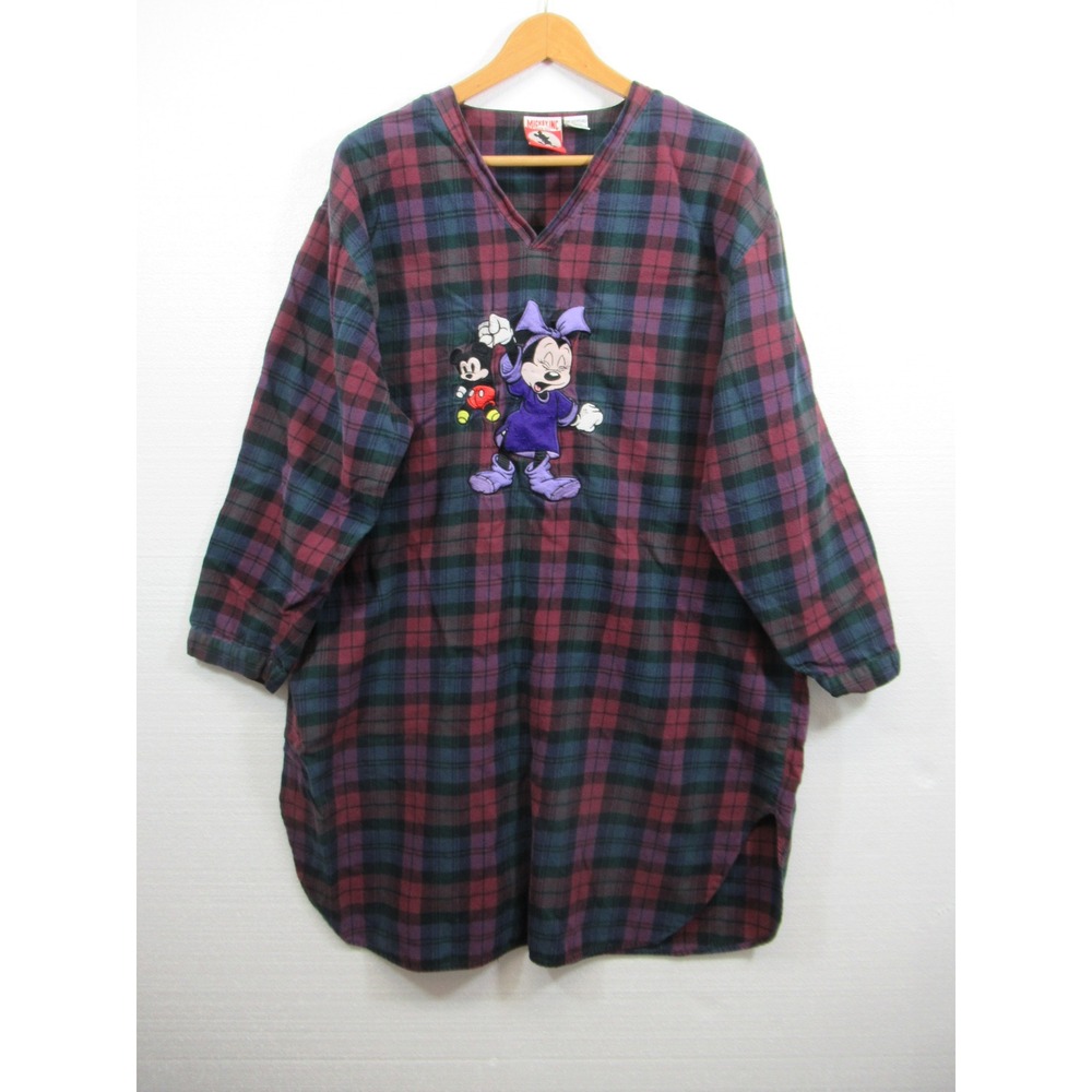 Vintage 90s Mickey INC Minnie Mouse Plaid Flannel Nightgown Women One Size